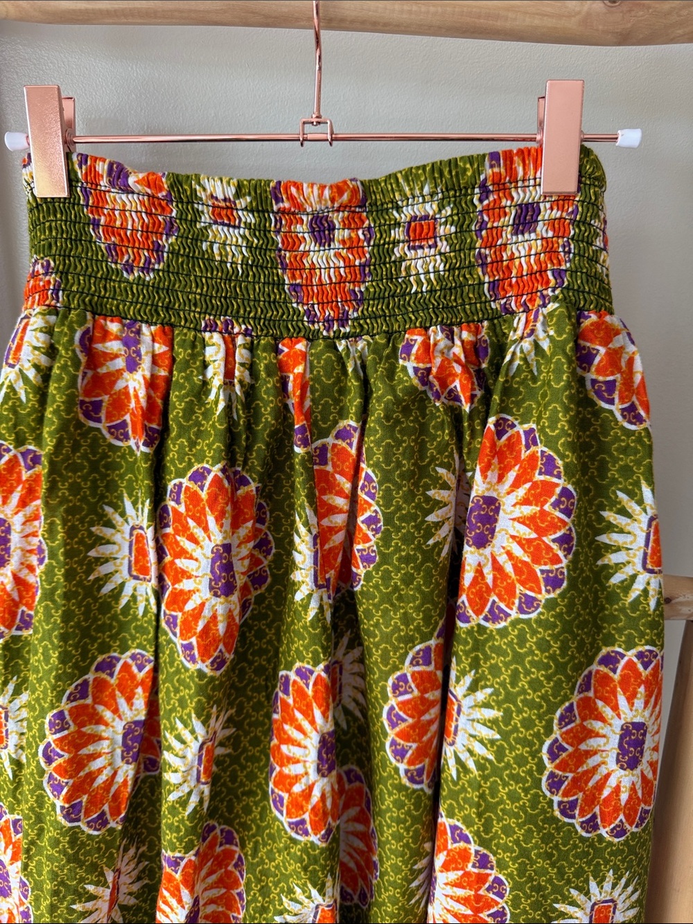 Jackpot Vintage Boho Print Green Orange Elasticized Waist Tie Belt Maxi Skirt OS - Picture 8 of 8